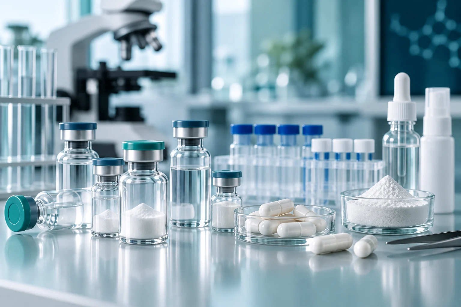 Research product formats on a laboratory bench: glass vials of lyophilised powder, capsules in a petri dish, test tubes and dropper bottles